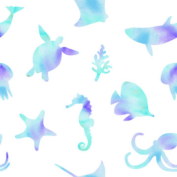 watercolor blue underwater animals and fishes silhouettes seamless pattern on white background for fabric,baby textile, scrapbooking, wrapping, wallpaper print