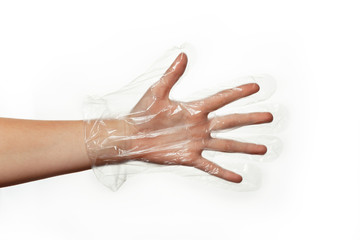 Transparent disposable plastic gloves for shopping at store or cooking on hand, isolated on white...