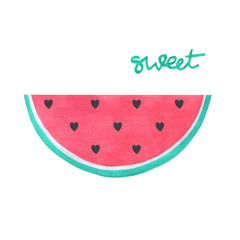 Watercolor watermelon cut with lettering isolated on white background