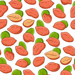 Seamless pattern with peanuts and leaves on white background. Flat peanut seeds. Wrapping and packaging food design. Endless template. Vector illustration.