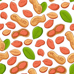 Seamless pattern with flat color peanut images on white background. Vector illustration. Peanuts, nuts in shell and  leaves. Endless template design. Closeup tile texture for wrapping and packaging