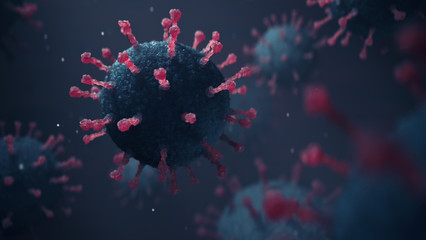 Photorealistic Microscopic close-up view of Coronavirus COVID-19 flu, cells on a background. 3D Illustration 