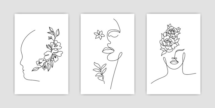 Minimal one line girl faces. Linear design templates female portrait with flowers, abstract print fashion concept. Vector set of simple continuous line posters, covers