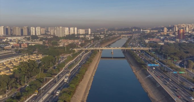 Aerial hyperlapse of heavy traffic at marginal tiete avenue during the day in Sao Paulo, Brazil