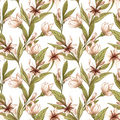 Watercolor coffee plant seamless pattern. Hand drawn flowers and leaves on white background. Floral backdrop