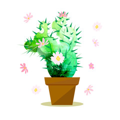 The object is a flowering cactus in a pot. Vector illustration