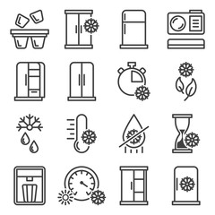 A set of icons of refrigerators, freezing and everything related to cold temperature. Minimalistic linear images. Isolated vector on a white background.