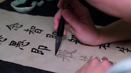 Young woman practicing Chinese traditional calligraphy at home