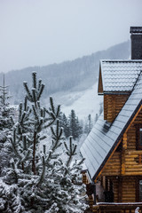 wooden house in winter mountains