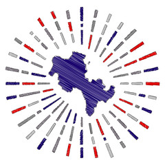 Sketch map of Koh Rong. Sunburst around the island in flag colors. Hand drawn Koh Rong shape with sun rays on white background. Vector illustration.