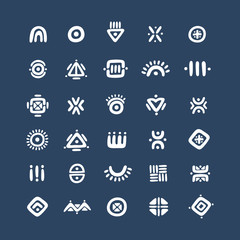 Set of ethnic symbols. Doodle vector collection of stylized flat icons. Abstract geometric elements on dark blue backdrop. Flat signs for logo and flat design.