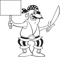 Black and white illustration of a smiling pirate holding a cutlass and a sign.