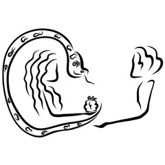 Eve offers Adam the forbidden fruit, the devil observes