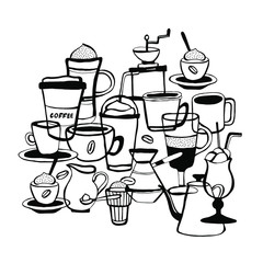 Hand drawn graphic vector illustration of coffee. Coffee cups illustration. Doodle sketch. Coffee shop illustration.