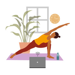 Female cartoon character practicing Hatha yoga. Woman doing workout indoor. Sport exercise at home. Yoga and fitness, healthy lifestyle. Flat vector illustration. Yogi woman in Parivritta Parshvakonas