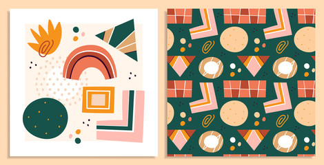 Fototapeta premium Abstract shapes, figures vector illustrations set. Circles and rectangles, triangle, stain flat arts, drawings collection. Abstraction, hand drawn geometric seamless pattern isolated on background.