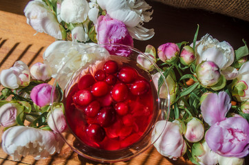 Magic solemn still life with glass of red drink with autumn organic berries surrounded by white flowers in the diagonal striped shadow of the blinds on a bright sunny day. Greeting card close-up