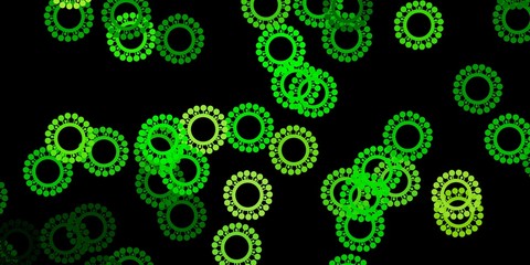 Dark green, yellow vector background with covid-19 symbols.