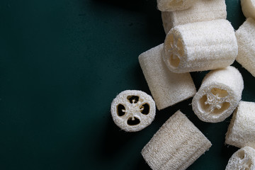 loofah sponge on a green background with copy space