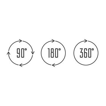 Set of angles 90, 180 and 360 degrees icons. Arrows rotation circle symbol set. Geometry math signs symbols. Full complete rotation arrow.