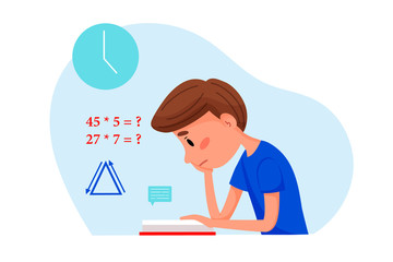 Boy is studying with book at home. Vector flat illustration for websites on white isolated background.