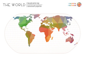 Low poly world map. Natural Earth projection of the world. Colorful colored polygons. Neat vector illustration.