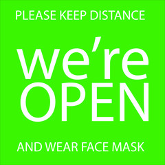 We are Open again after vector illustration welcoming customers after coronavirus pandemic lockdown. Back in business