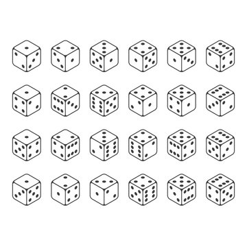 24 isometric dice. Twenty-four variants white game cubes isolated on white background. All possible turns authentic collection icons in realistic style. Gambling concept. Vector illustration EPS 10.
