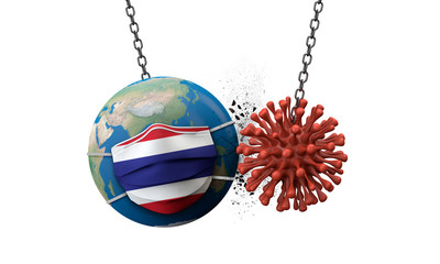 Coronavirus smashing into the world wearing a Thailand face mask. 3D Render
