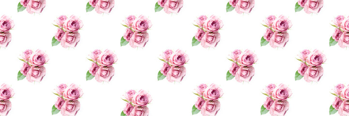 Pattern made of bouquet of pink rose flowers. Festive banner design.