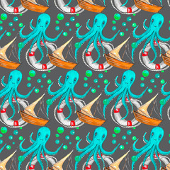 Seamless watercolor pattern on the theme of the sea, consisting of a lifebuoy, a yacht and an octopus, on a gray background.