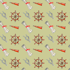Seamless watercolor pattern on the theme of the sea, consisting of scrolls of maps, a rope, a telescope and a ship's rudder. It can be used for printing on fabric or paper, on a beige background