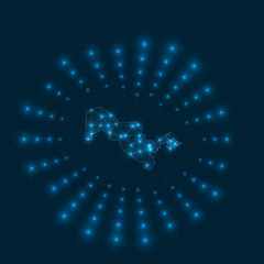 Uzbekistan digital map. Glowing rays radiating from the country. Network connections and telecommunication design. Vector illustration.