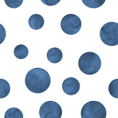 Modèle sans couture aquarelle à pois bleu marine indigo. Abstrait aquarelle avec des cercles de couleur sur blanc