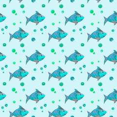 Seamless watercolor pattern on the theme of the sea, consisting of light blue fish on a blue background