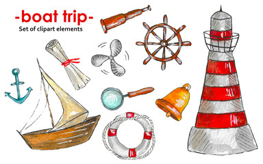 Watercolor set of elements on the theme of a boat trip on a white background.