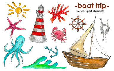 Watercolor set of elements on the theme of a boat trip on a white background.