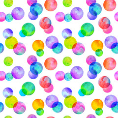Polka dot multi-colored watercolor seamless pattern. Abstract watercolour background with colorful circles on white