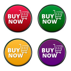 Buy now button in circle shape with 4 different color choice isolated on white background 