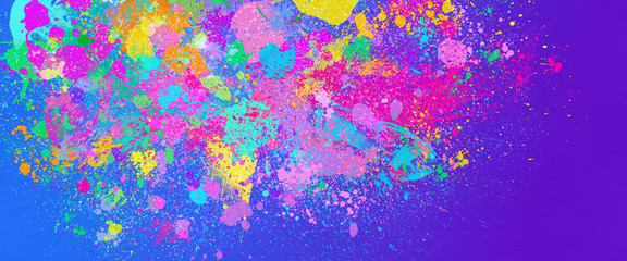 neon color paint splatter on blue violet background, abstract image
