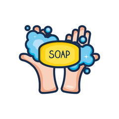 hand with soap bar and foamy, line color style