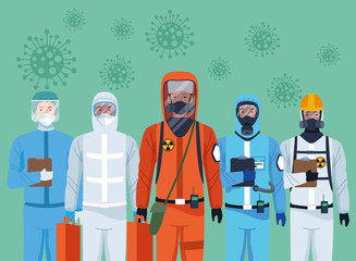 group of workers using protection virus suits and covid19 particles