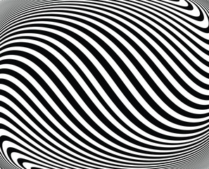  Line art optical art. Psychedelic background. Monochrome background. Optical illusion style. Black dark background. Modern pattern. Abstract graphic texture. Graphic ornament. Vector template