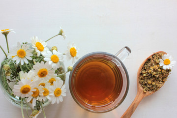 Chamomile herbal tea in a glass cup, dried medical flowers in the wooden spoon, and bouquet of white daisies in a glass vase on the white wooden background with copy space. Top view