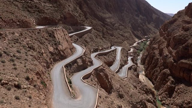 Panoramic view of windy mountain road in the Dades Gorge, Gorges Du Dades, Morocco