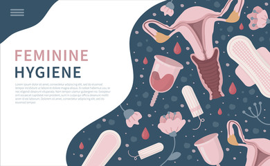 Flat landing page with feminine hygiene products with flowers, zero waste eco menstrual cup, sanitary napkin pad, panty liner, tampon, concept of women protection during period, critical days banner.