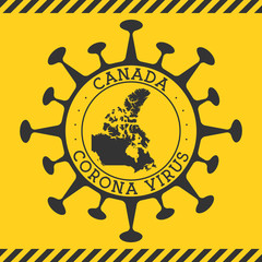 Corona virus in Canada sign. Round badge with shape of virus and Canada map. Yellow country epidemy lock down stamp. Vector illustration.