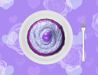 Delicious tasty cupcake with the purple icing on top and cherry, ready for kids party food, Mother's Day celebration. Cupcake on a plate, top view. 3d render