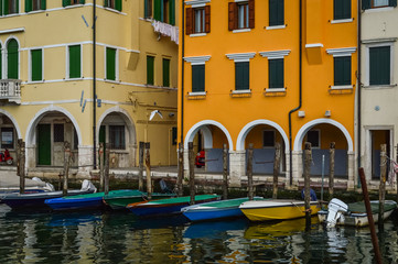 Chioggia, town in venetian lagoon, water canal and boats. Veneto, Italy, Europe.