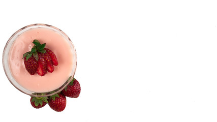 Strawberry pudding isolated on white background. Top view. Copy space for text message.